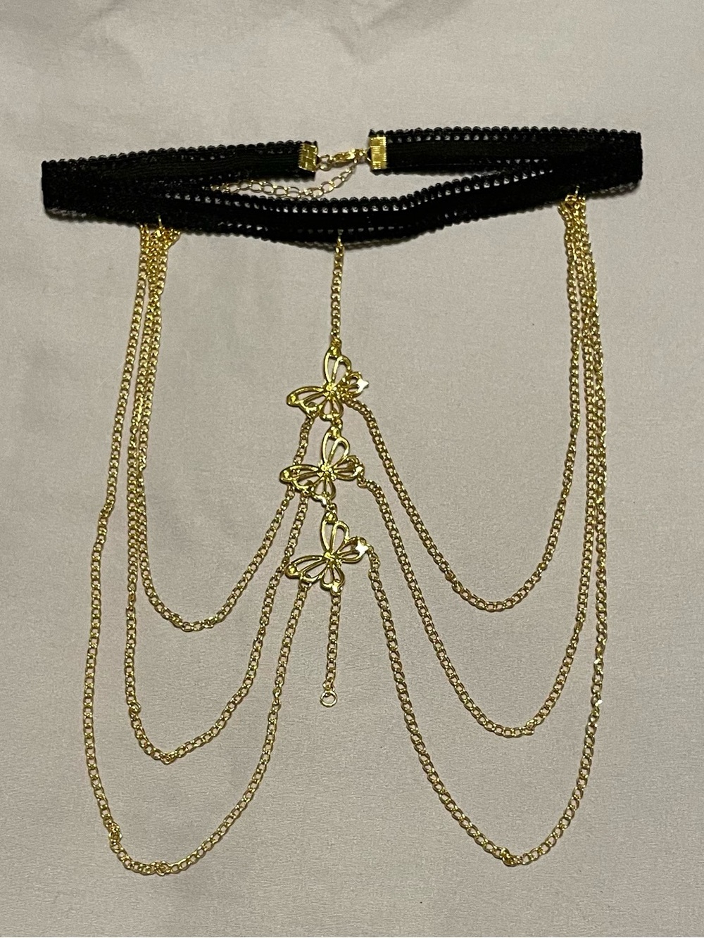 Gold Butterfly Body Chain Choker Black Lace Cascading Drape Necklace 90s Y2K Got